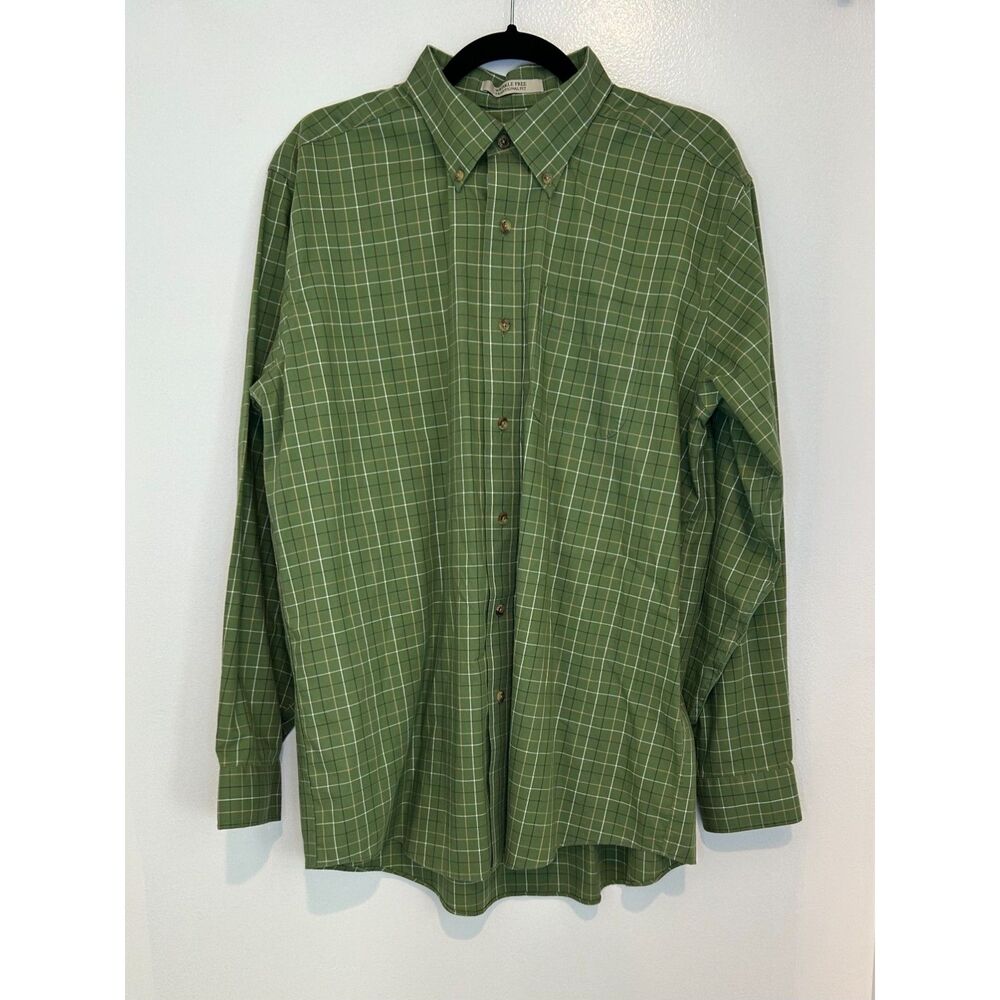 LL Bean Shirt Mens Large Regular Green Plaid Wrinkle Free Cotton Button Down